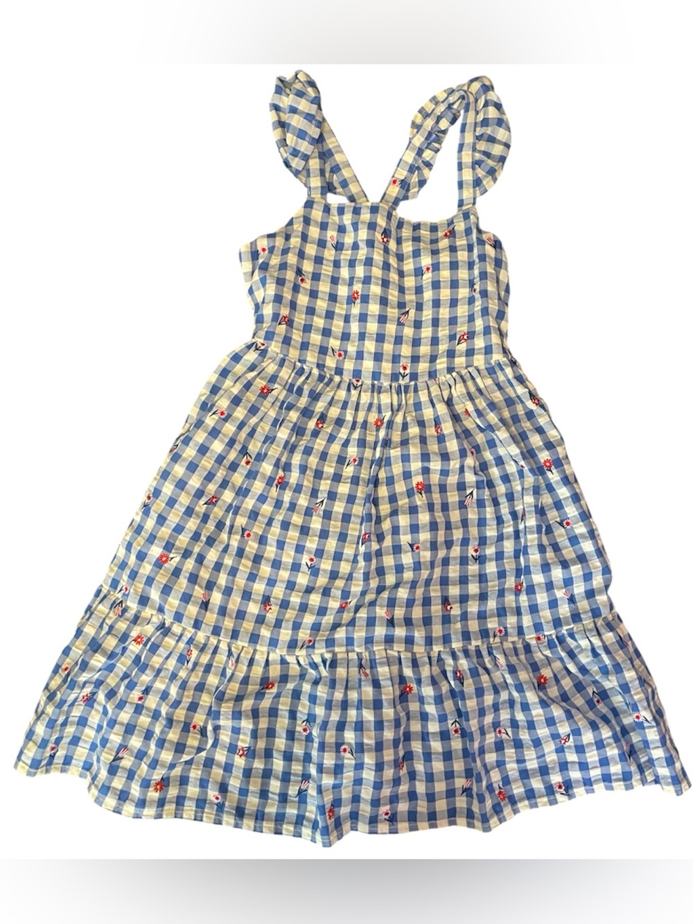 Cat & Jack Blue and White Gingham Sundress with Red Floral Accents